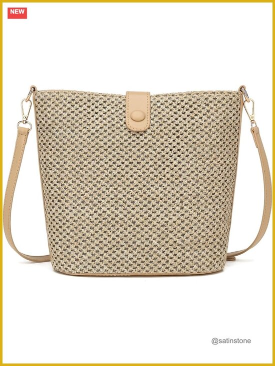 Handbags - Woven Straw Crossbody Bag with Leather Strap Beach Summer Purse